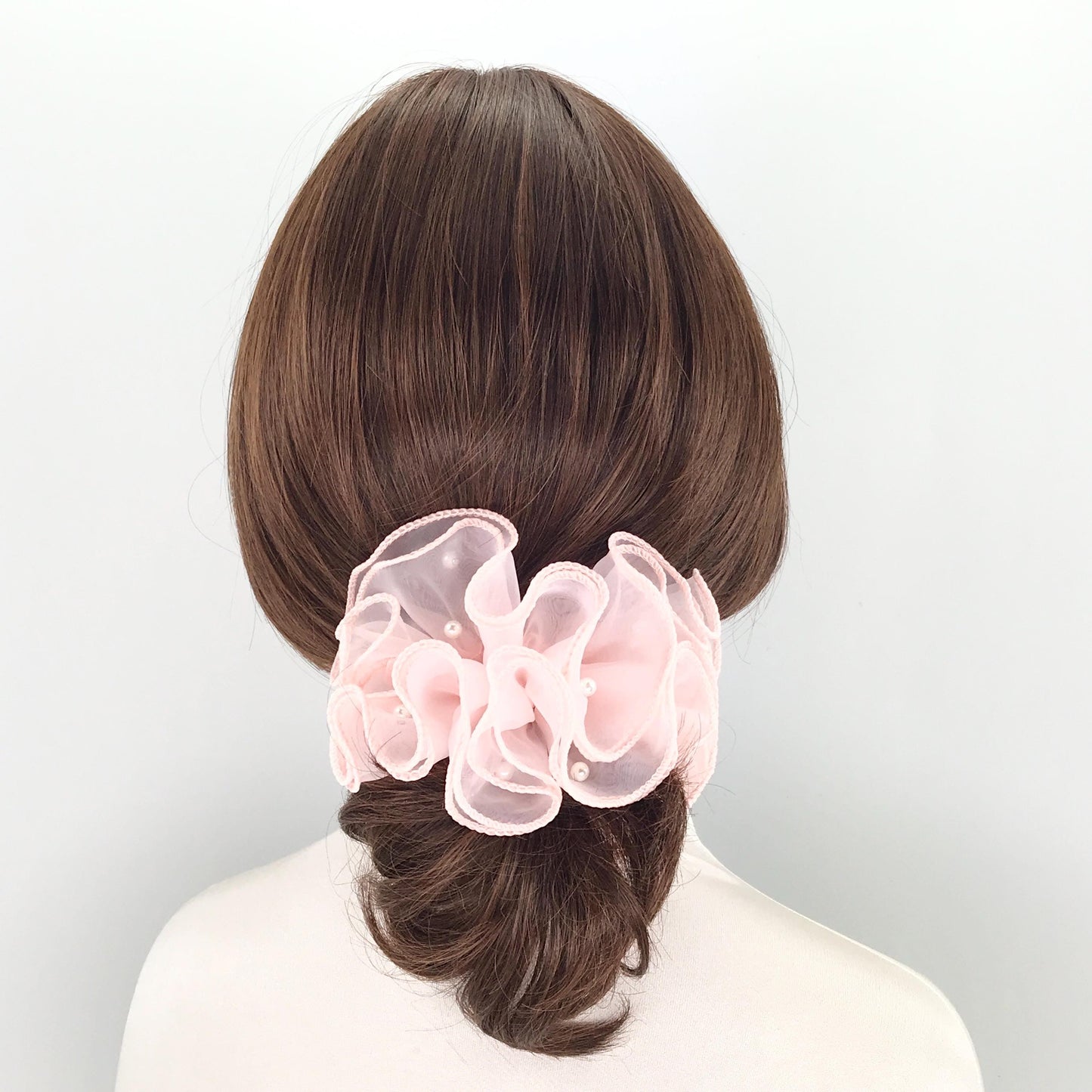 Unique Scrunchies Wavy Edge Artificial Pearls Attached Multilayer Pretty Ponytail Holders Fancy Hair Ties Stylish Hair Accessories in Pink
