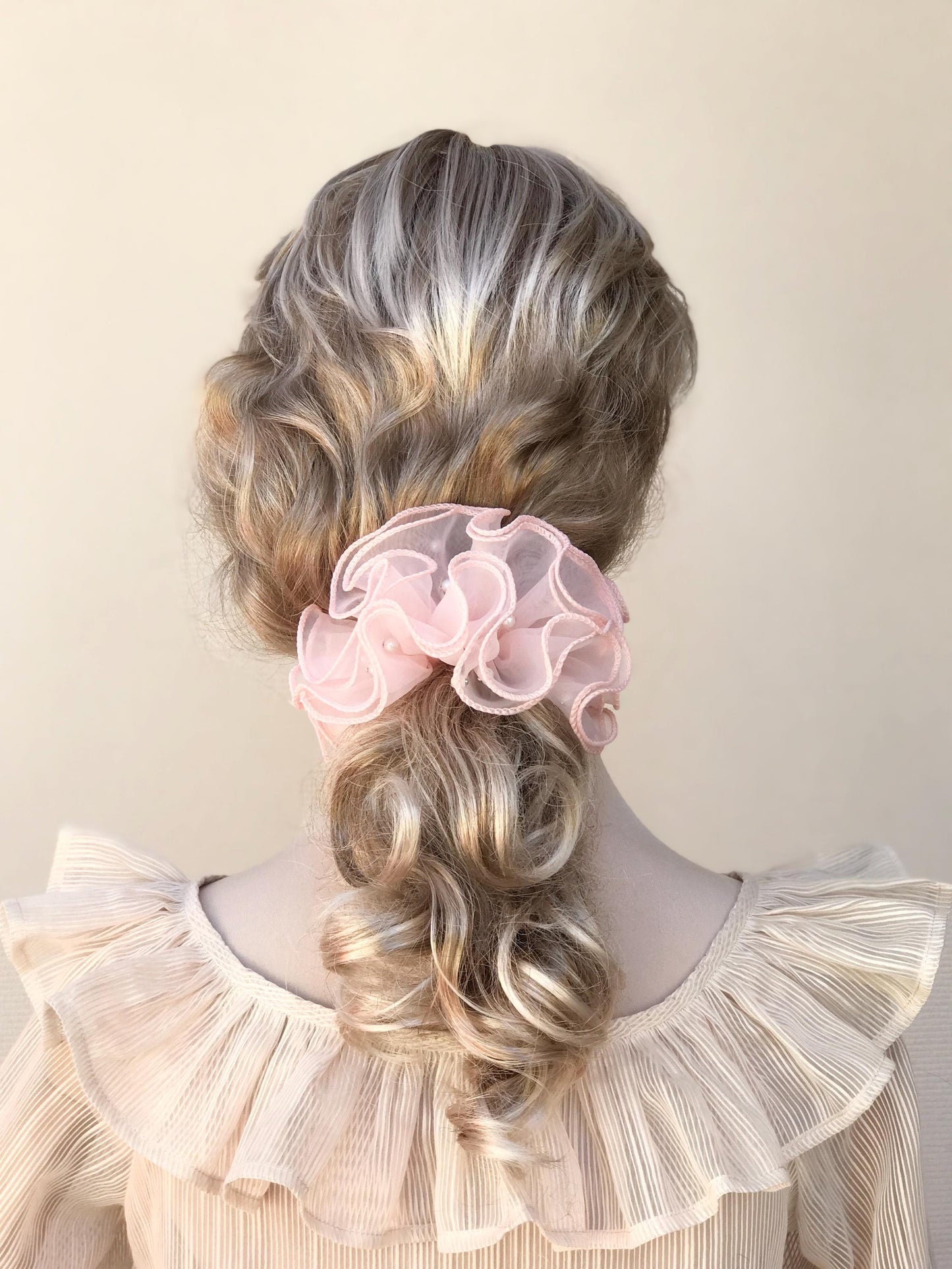 Unique Scrunchies Wavy Edge Artificial Pearls Attached Multilayer Pretty Ponytail Holders Fancy Hair Ties Stylish Hair Accessories in Pink