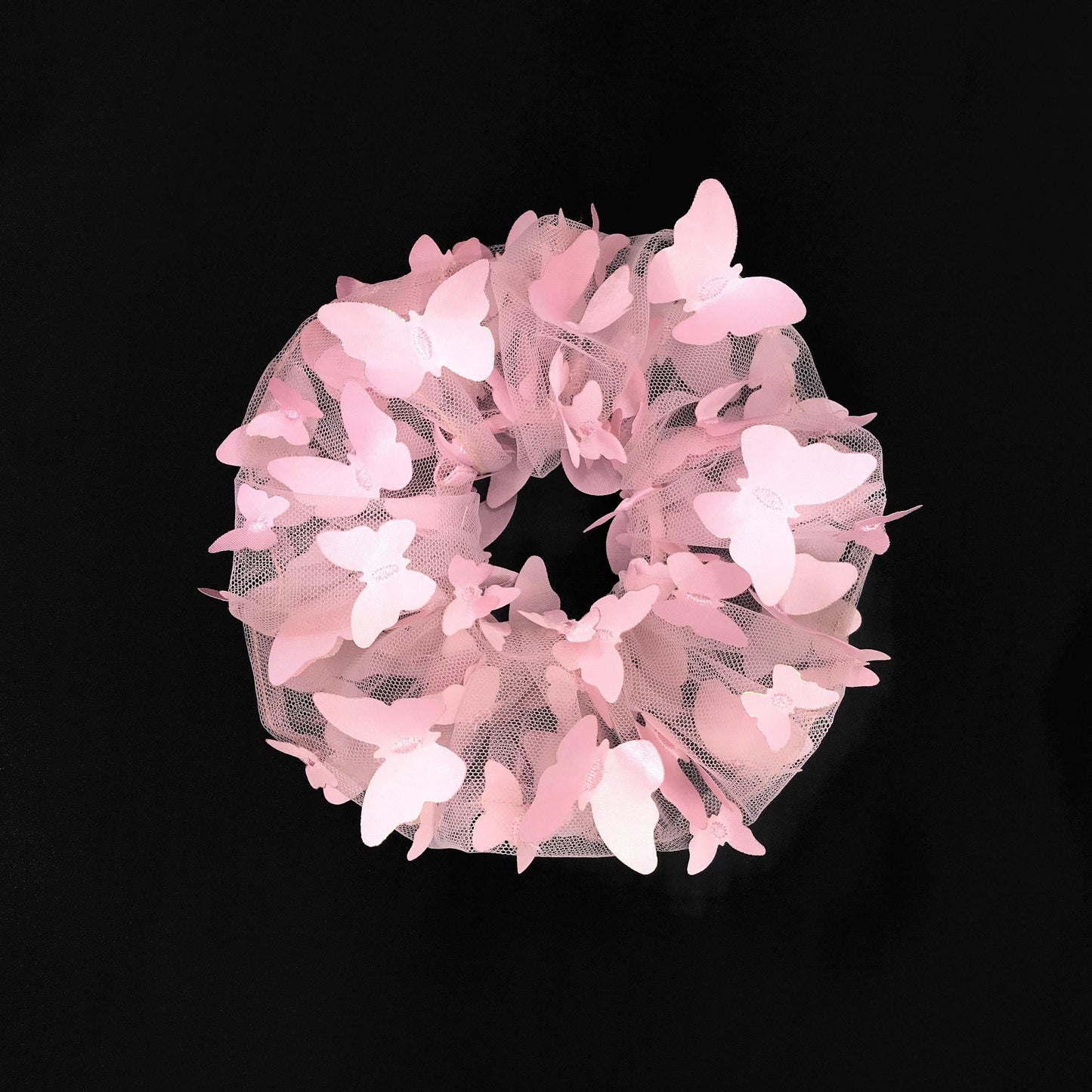 3D Butterfly Tulle Scrunchies Unique Hair Accessories Stylish Hair Tie Creative Ponytail Holder in Pastel Pink Golden Edge Butterfly Pattern