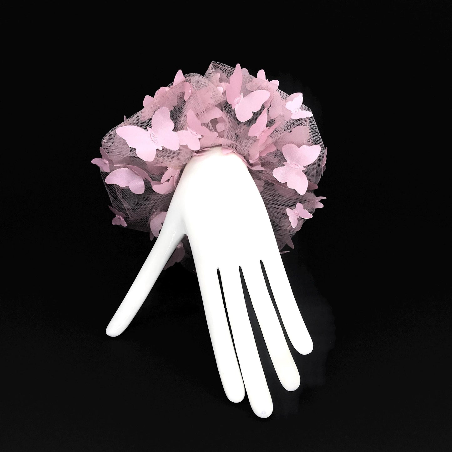 3D Butterfly Tulle Scrunchies Unique Hair Accessories Stylish Hair Tie Creative Ponytail Holder in Pastel Pink Golden Edge Butterfly Pattern