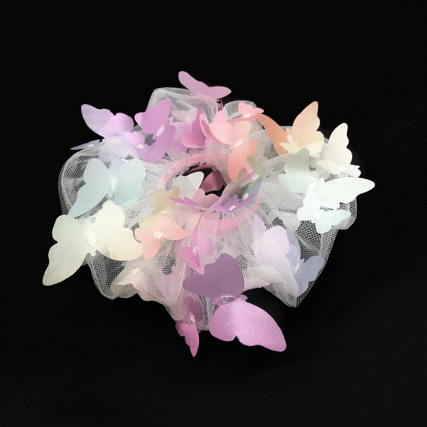 3D Butterfly Tulle Scrunchies Unique Hair Accessories Stylish Hair Ties Creative Ponytail Holders in Colorful Silver Edge Butterfly Pattern