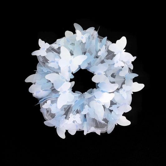 3D Butterfly Tulle Scrunchies Unique Hair Accessories Stylish Hair Ties Creative Ponytail Holder in Light Blue Golden Edge Butterfly Pattern