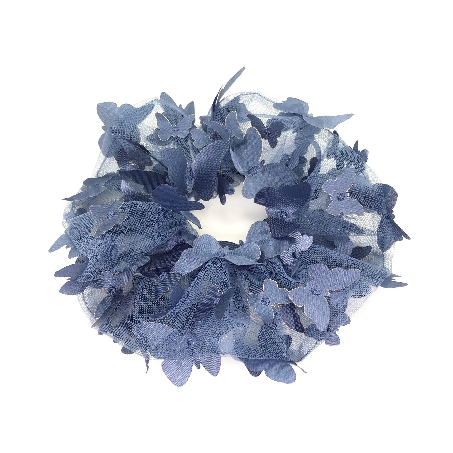3D Butterfly Tulle Scrunchies Unique Hair Accessories Stylish Hair Ties Creative Ponytail Holder in Denim Blue Golden Edge Butterfly Pattern