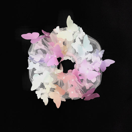 3D Butterfly Tulle Scrunchies Unique Hair Accessories Stylish Hair Ties Creative Ponytail Holders in Colorful Silver Edge Butterfly Pattern