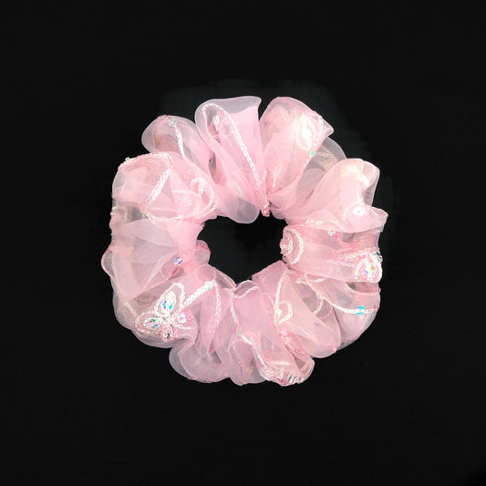 Crystal Scrunchies Embroidered Organza Fabric With Glitter Daily Wear Trendy Accessories Creative Ponytail Holders Stylish Hair Ties in Pink