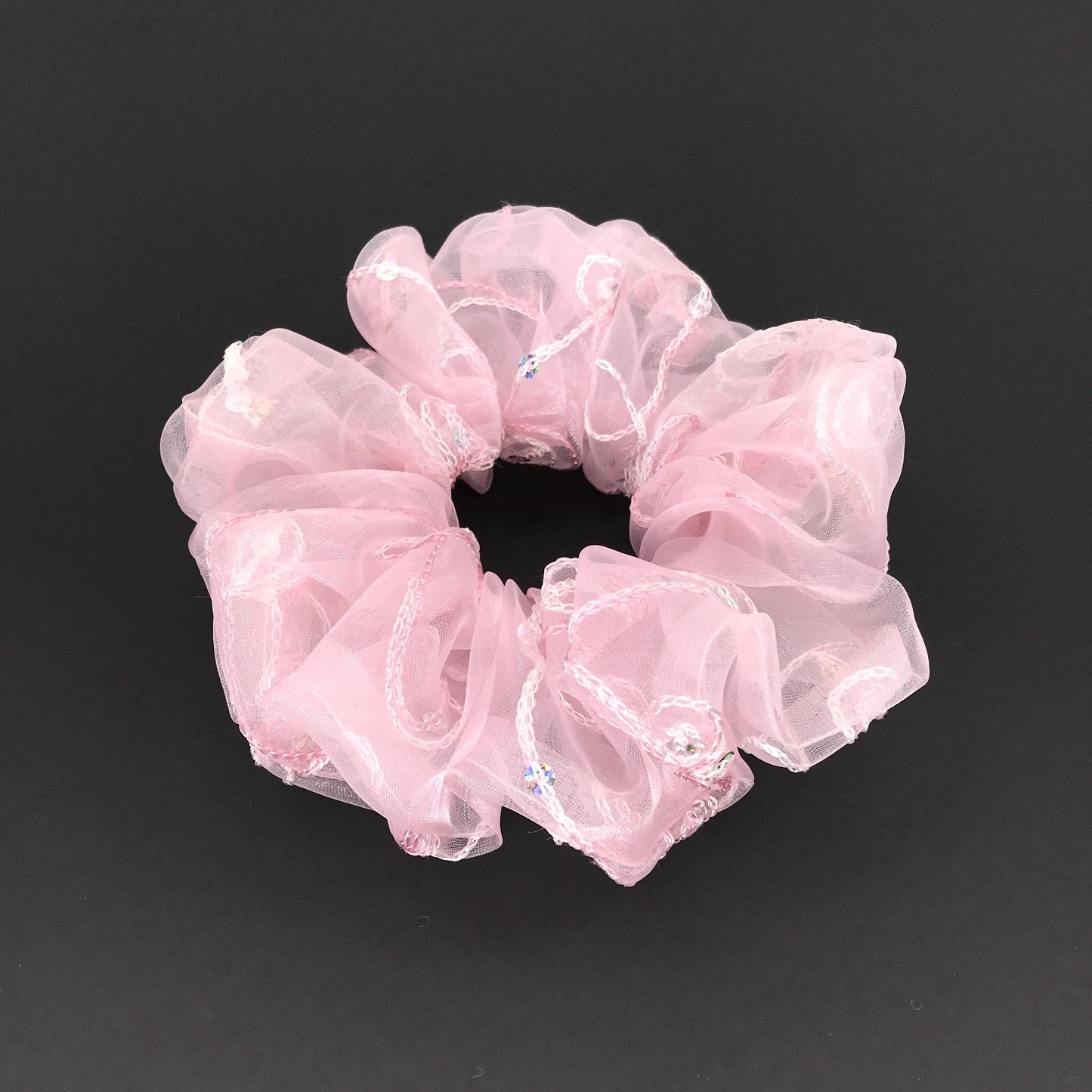 Crystal Scrunchies Embroidered Organza Fabric With Glitter Daily Wear Trendy Accessories Creative Ponytail Holders Stylish Hair Ties in Pink