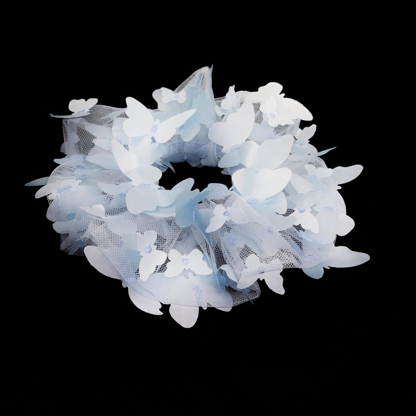 3D Butterfly Tulle Scrunchies Unique Hair Accessories Stylish Hair Ties Creative Ponytail Holder in Light Blue Golden Edge Butterfly Pattern