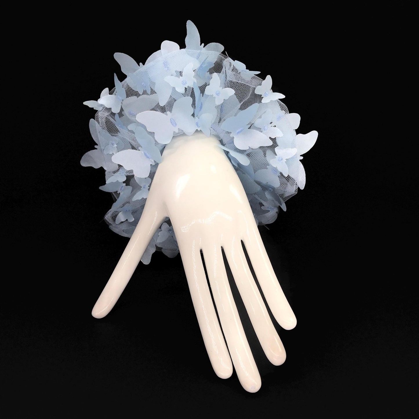 3D Butterfly Tulle Scrunchies Unique Hair Accessories Stylish Hair Ties Creative Ponytail Holder in Light Blue Golden Edge Butterfly Pattern