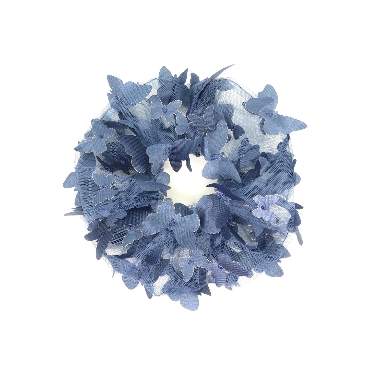3D Butterfly Tulle Scrunchies Unique Hair Accessories Stylish Hair Ties Creative Ponytail Holder in Denim Blue Golden Edge Butterfly Pattern