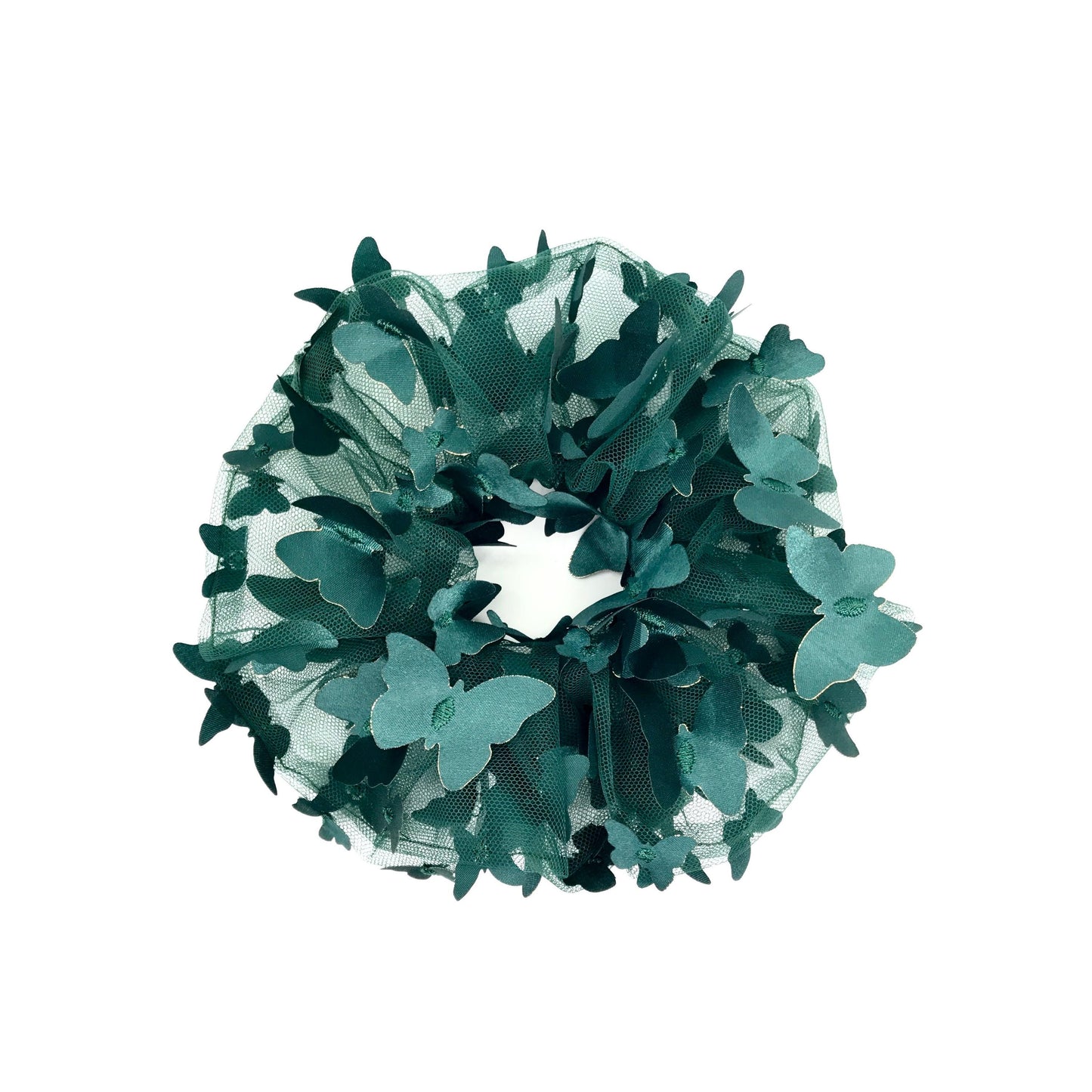 3D Butterfly Tulle Scrunchies Unique Hair Accessories Stylish Hair Ties Creative Ponytail Holder in Dark Green Golden Edge Butterfly Pattern