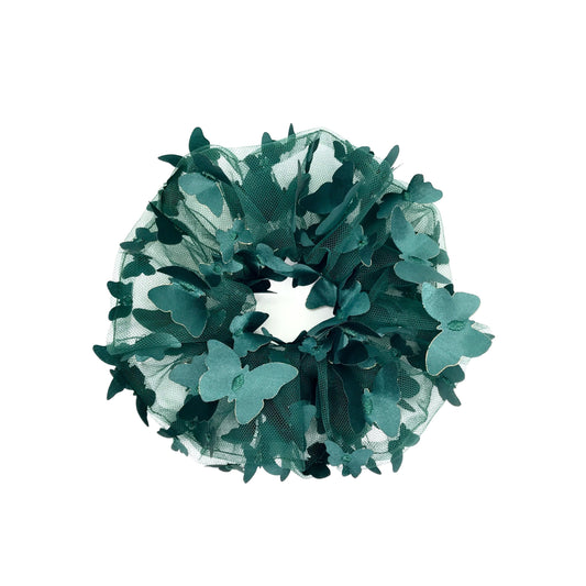 3D Butterfly Tulle Scrunchies Unique Hair Accessories Stylish Hair Ties Creative Ponytail Holder in Dark Green Golden Edge Butterfly Pattern